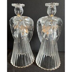 VTG Lot Set of 2 Large Crystal Clear Glass Angel Candle Holder  Great Condition